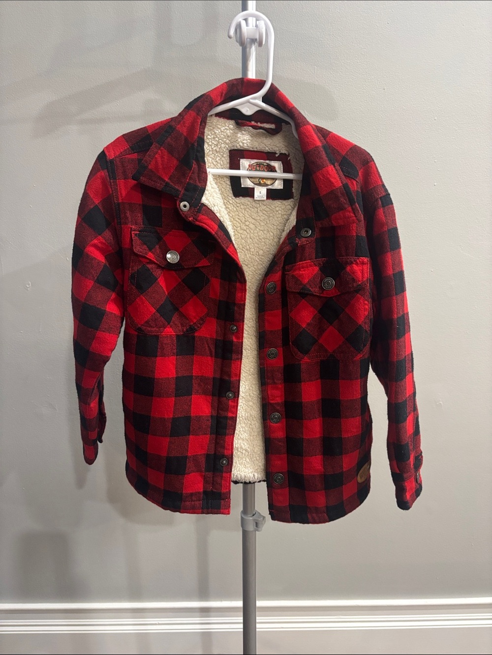 Sherpa-Lined Red & Black Kids Buffalo Plaid Jacket, size S